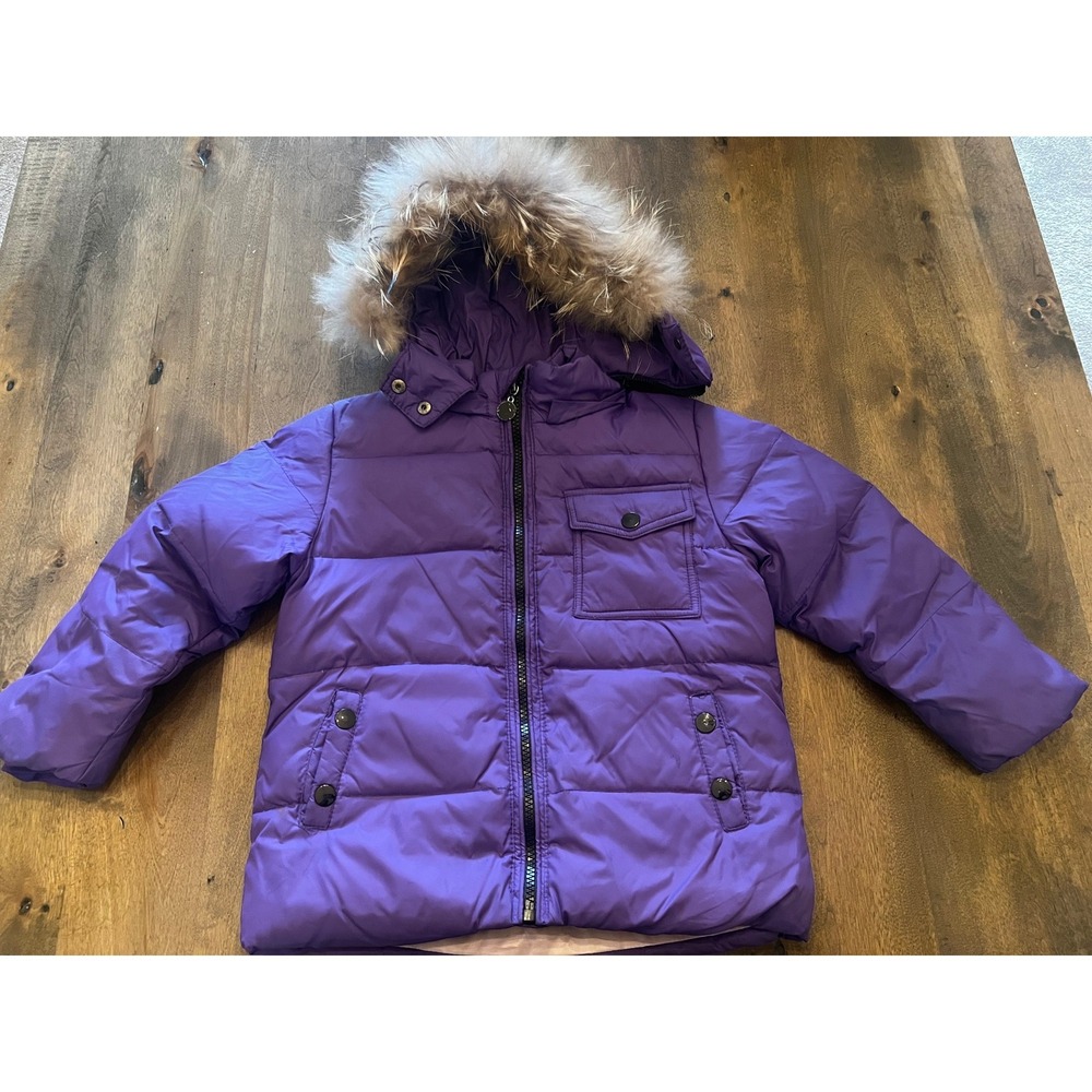 Kids Purple Puffer Jacket Faux Fur Trim Hooded Winter Coat Size 100